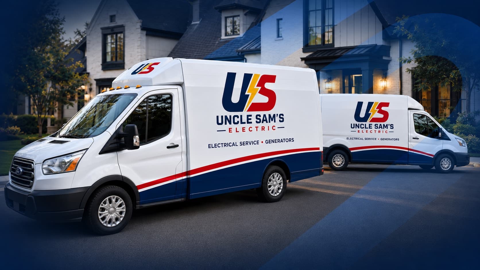 Uncle Sam's Electric service vans on a residential street in Waco, Texas